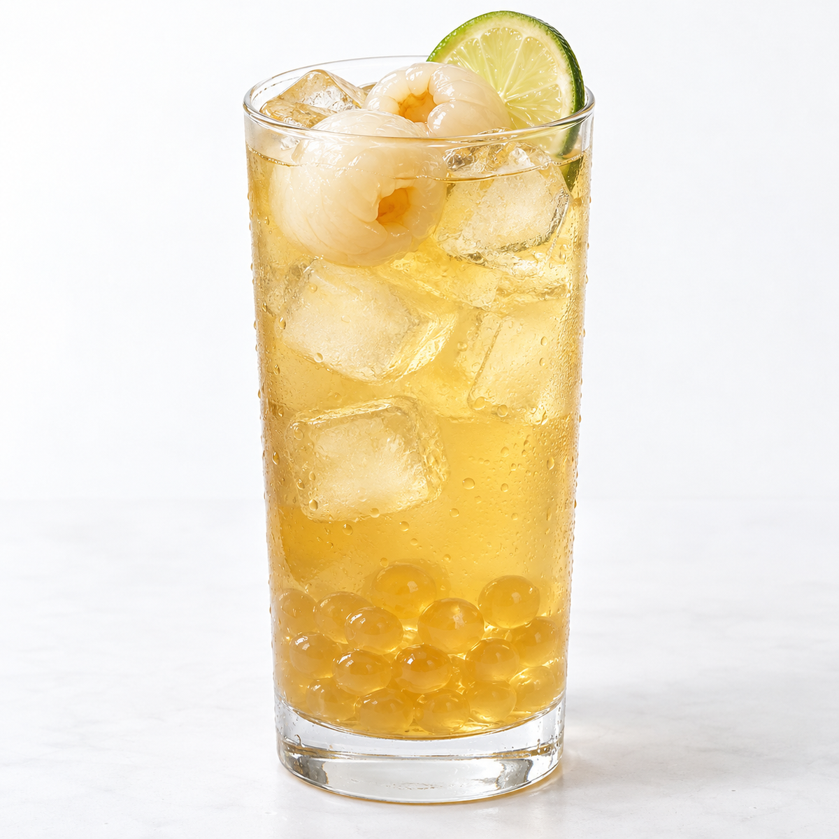 Lychee popping boba beverage serving suggestion