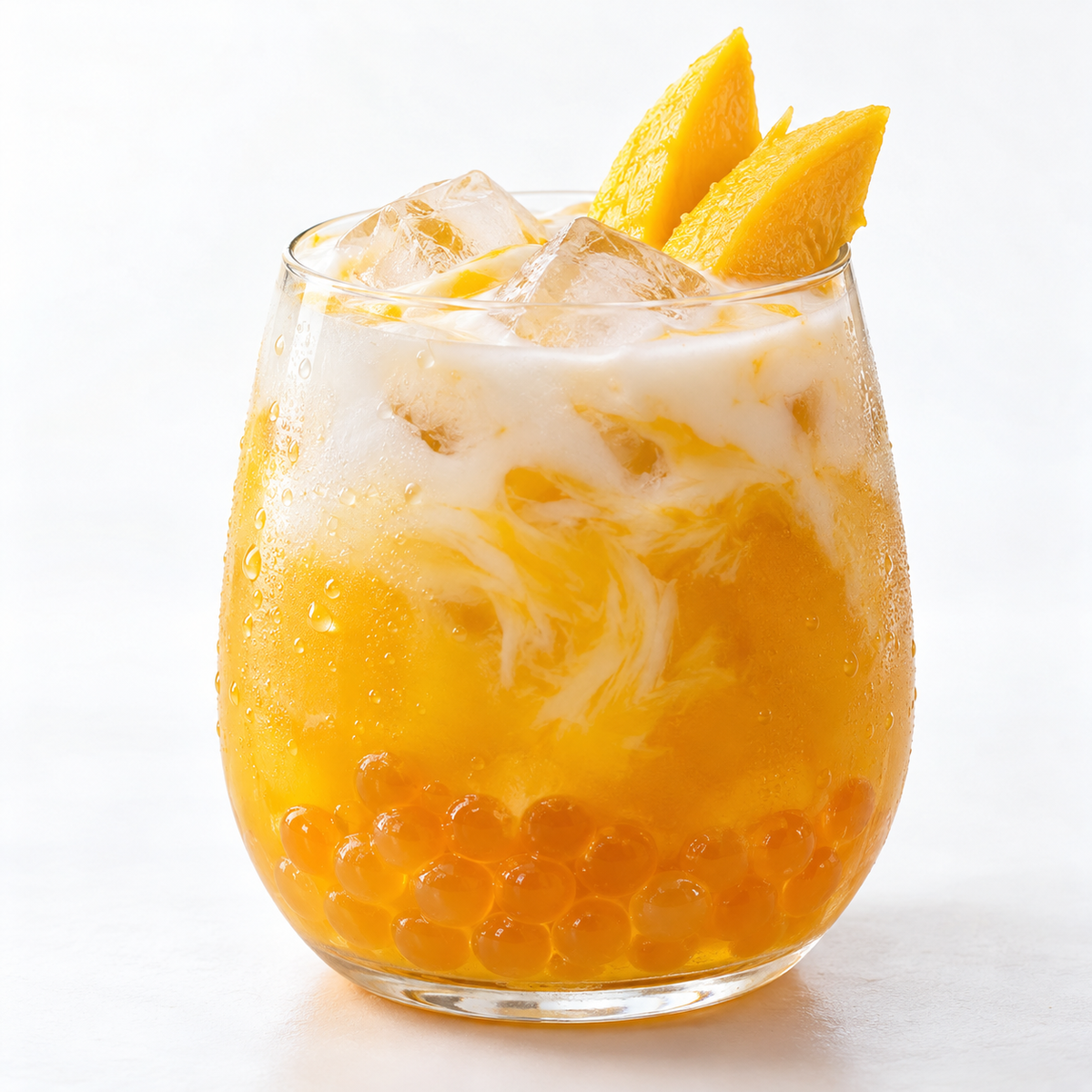 Mango popping boba beverage serving suggestion