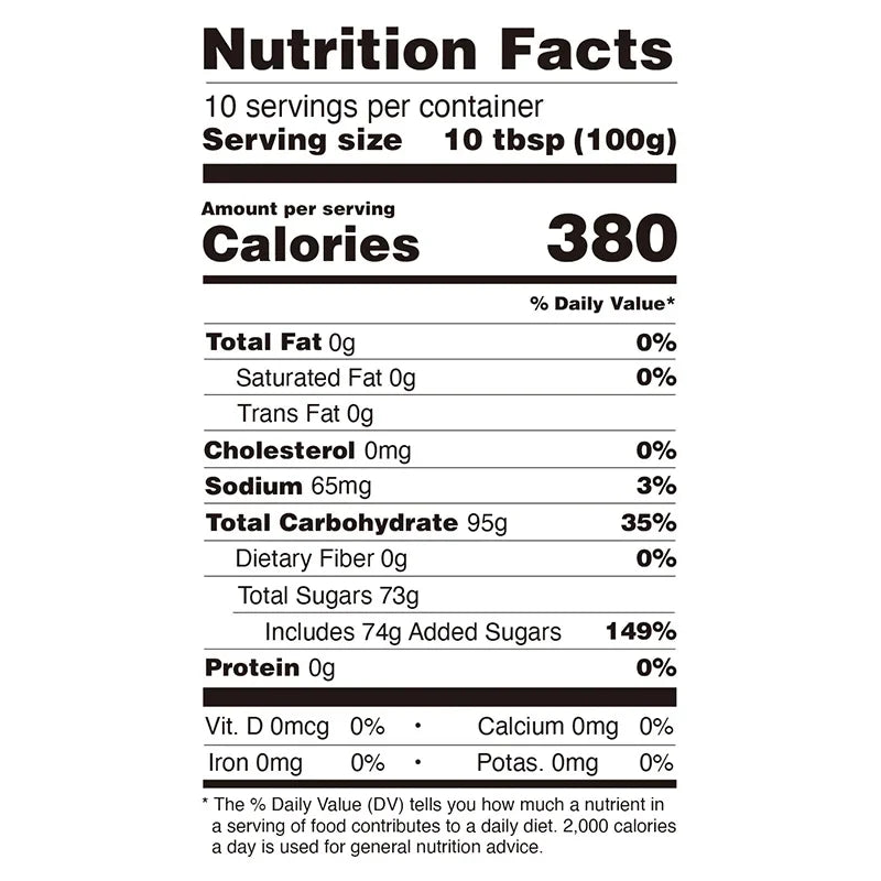Nutrition facts label for Cotton Candy Flavored Powder, detailing calories and sugar per 100g.