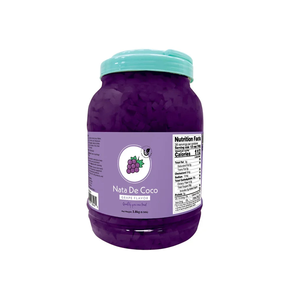Close-up of grape coconut jelly strip, featuring a deep purple color and crunchy, chewy texture with a rich grape aroma.