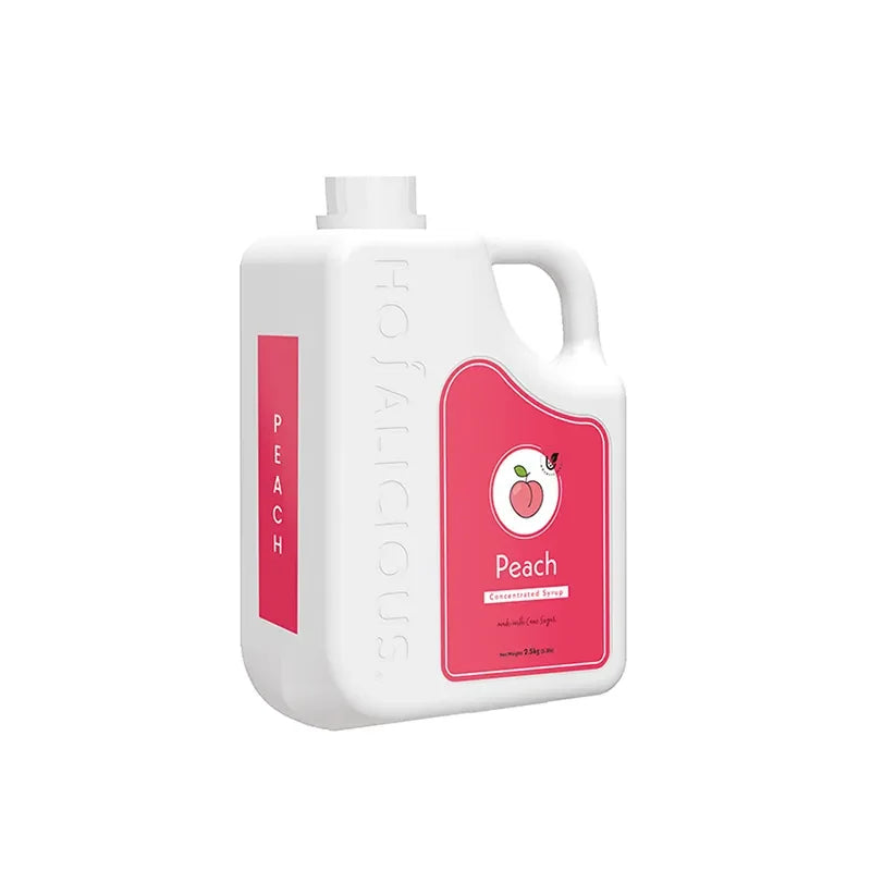 Hojalicious Peach Concentrated Syrup, 2.5kg bulk jug, crafted with a cane sugar formula.