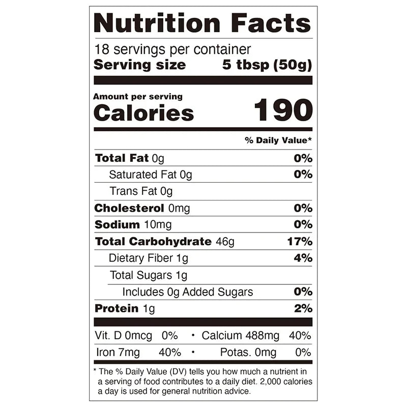 Nutrition facts for Hojalicious Pure Ube Powder, listing calories, dietary fiber, and ingredient information.