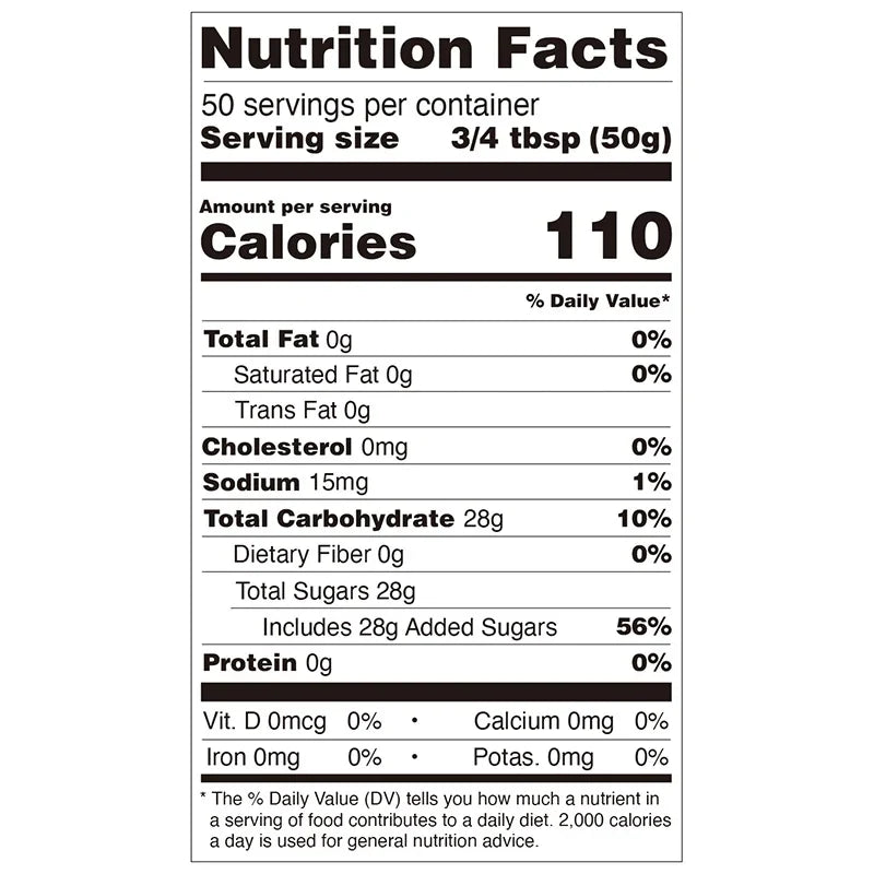 Nutrition facts label for kumquat lemon concentrated syrup, compliant with international export labeling standards.