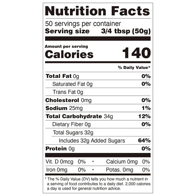 Nutrition facts label for lychee concentrated syrup, compliant with export food labeling standards.