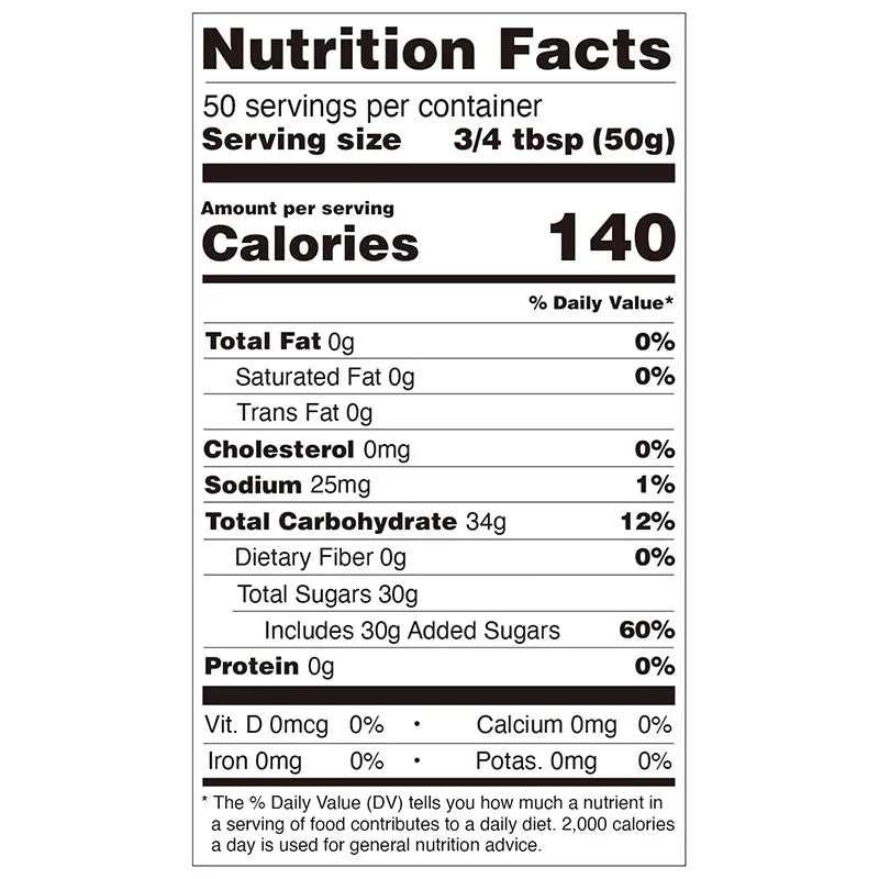 Nutrition facts label for pineapple concentrated syrup, compliant with export food labeling standards.