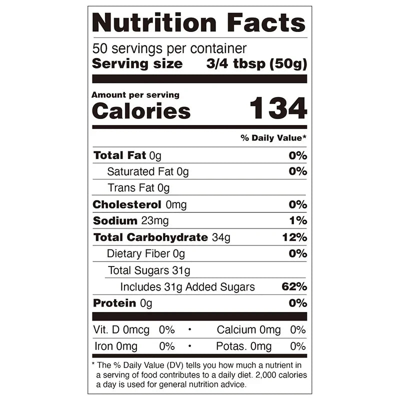 Nutrition facts label for passion fruit concentrated syrup, compliant with export food labeling standards.