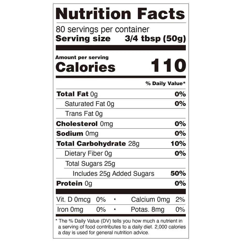 Nutrition facts label for white peach jam, compliant with international export food labeling standards.