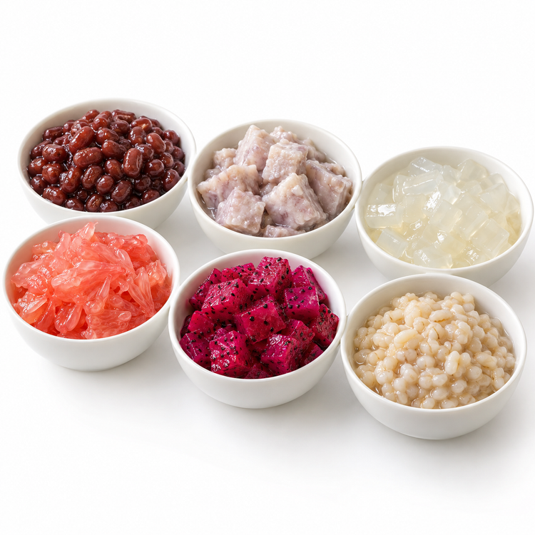 Bowls of red bean, sweet taro, aloe vera, grapefruit pulp, dragon fruit and sweet grains for drinks and desserts.