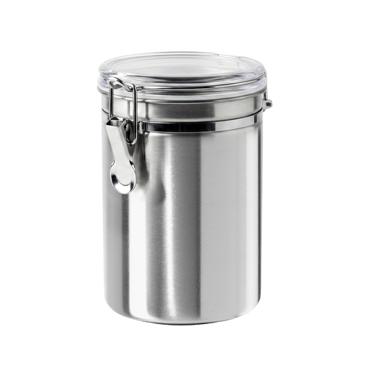 Commercial stainless steel canister with clear locking lid for ingredient storage