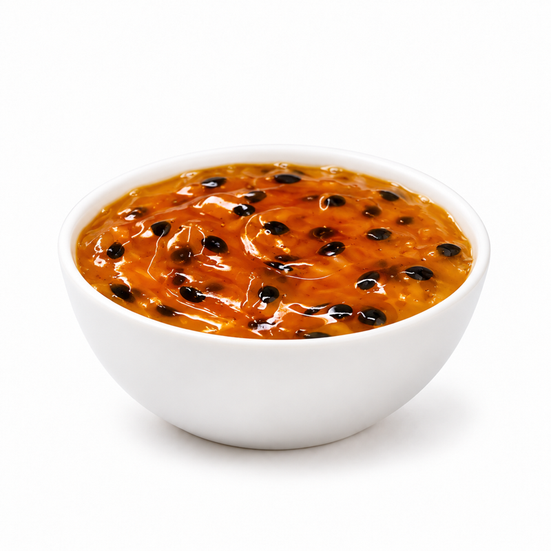 Passion Fruit Jam — contents in white porcelain bowl