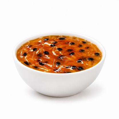 Passion Fruit Jam — contents in white porcelain bowl