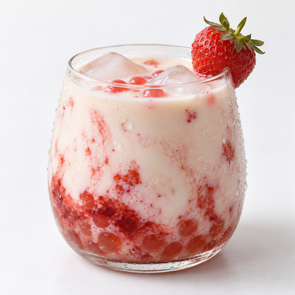 Strawberry popping boba beverage serving suggestion