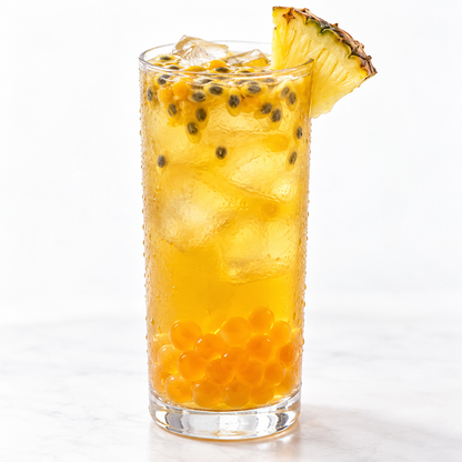Passion Fruit popping boba beverage serving suggestion