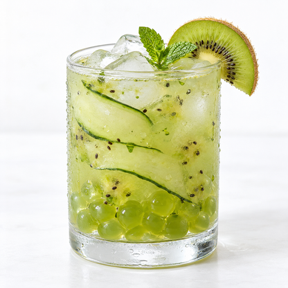Kiwi popping boba beverage serving suggestion