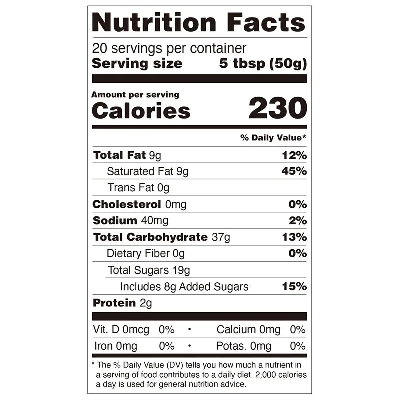 Nutrition facts label for Blue Mountain Coffee Flavor Powder, detailing calories, protein, and 8g of added sugars per serving.