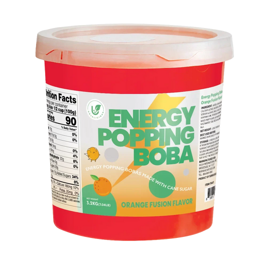 Hojalicious Energy Popping Boba Orange Fusion Flavor 3.2kg tub, featuring a vibrant orange color and energy formula.