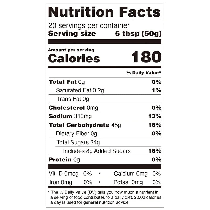 Nutrition facts label for Hojalicious Slushy Powder, listing calories, carbohydrates, and sugar per 50g serving.