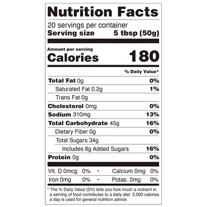 Nutrition facts label for Hojalicious Slushy Powder, listing calories, carbohydrates, and sugar per 50g serving.