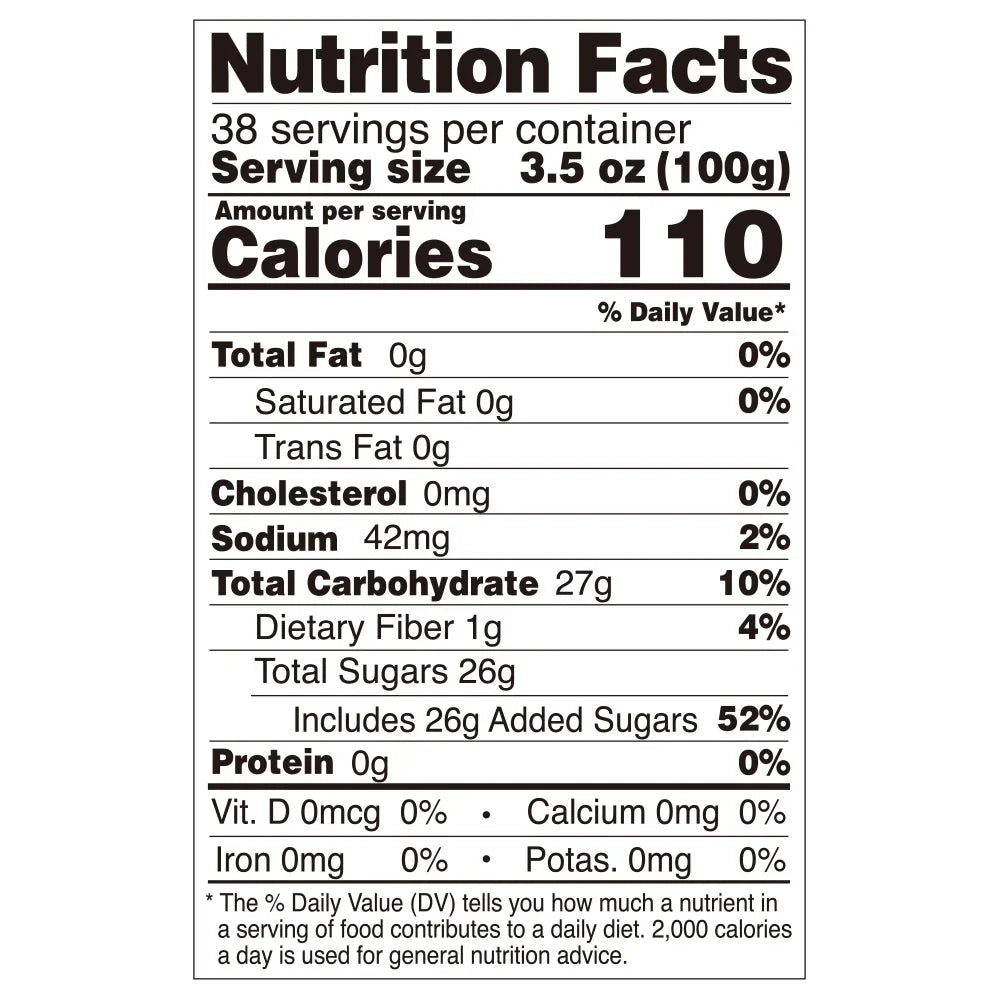 Nutrition facts label for lychee coconut jelly, compliant with export food labeling standards.