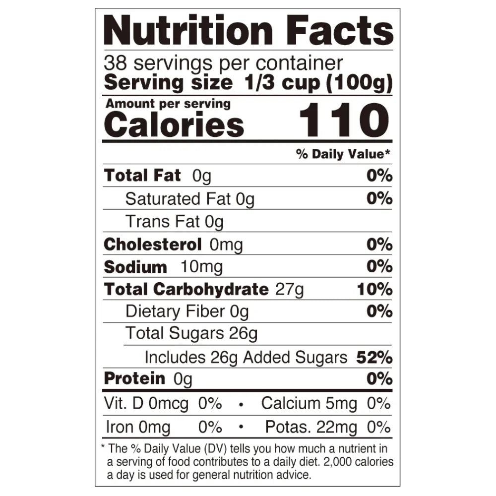 Nutrition facts label for mango star jelly, compliant with international export food labeling standards.