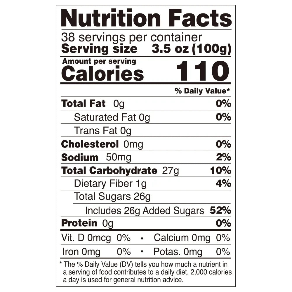 Nutrition facts label for pineapple coconut jelly, compliant with export food labeling standards.
