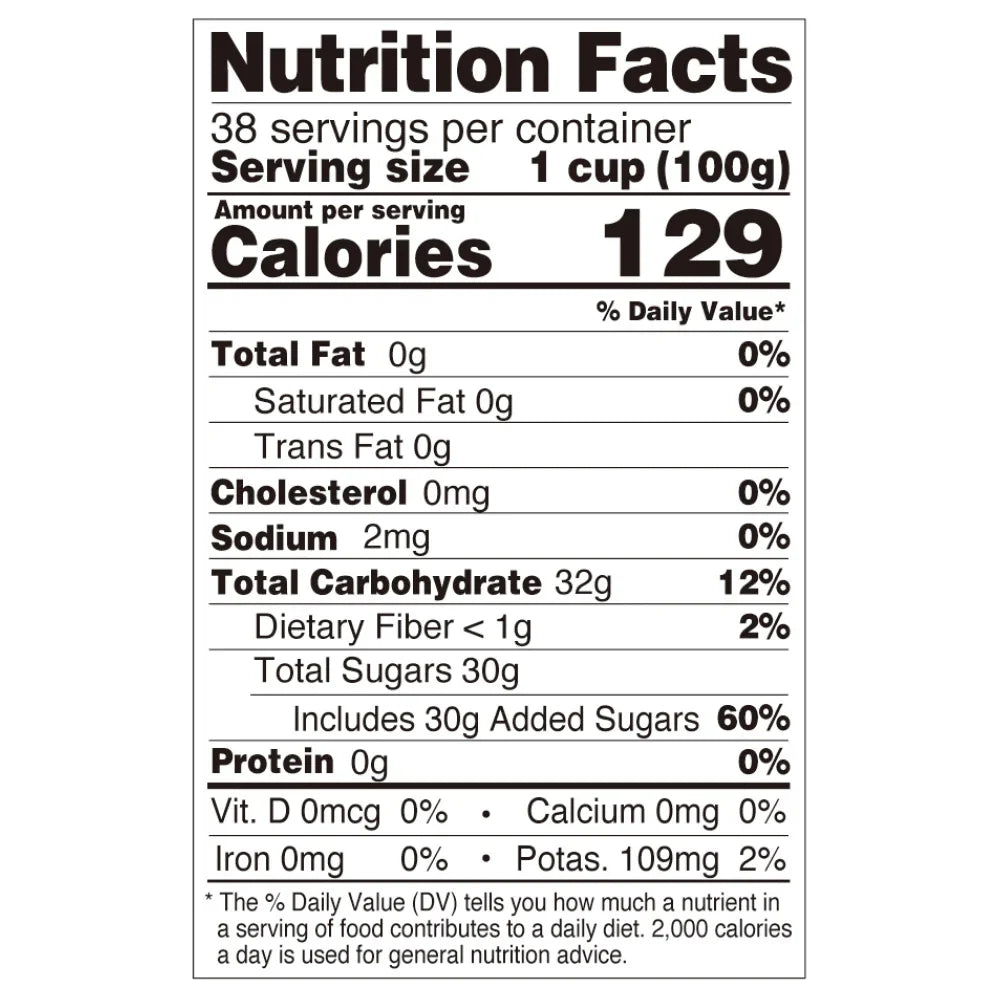 Nutrition facts label for rainbow jelly, compliant with international export food labeling standards.