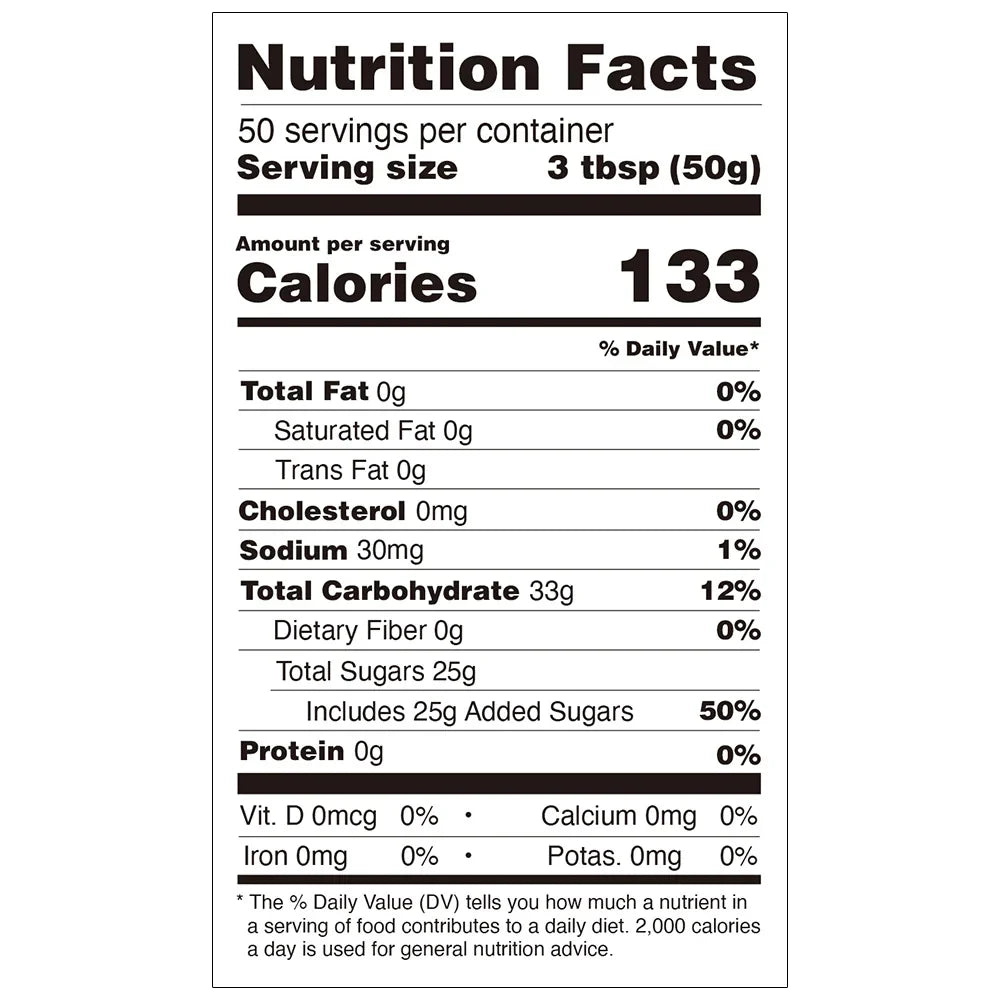 Nutrition facts label for tropical fruit jam, compliant with export food labeling standards.