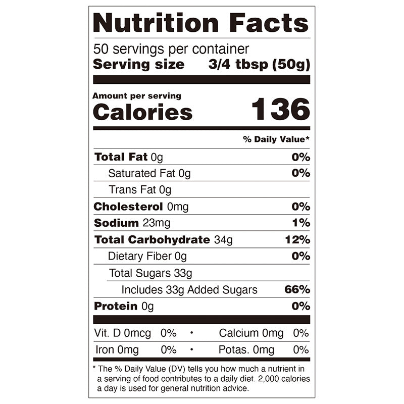 Nutrition facts label for hibiscus concentrated syrup, showing 136 calories per 50g serving, compliant with export food labeling standards.