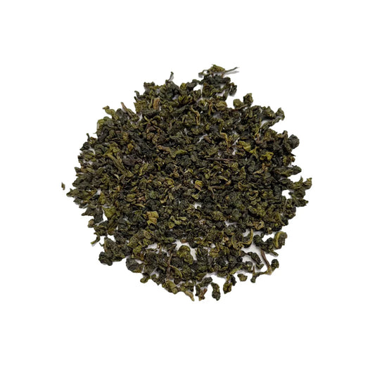 Golden High Mountain Oolong Tea loose leaf, tightly rolled green oolong tea leaves